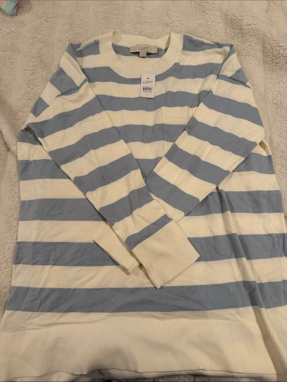 LOFT Women’s Light Blue and Cream Striped Crewneck Sweater
